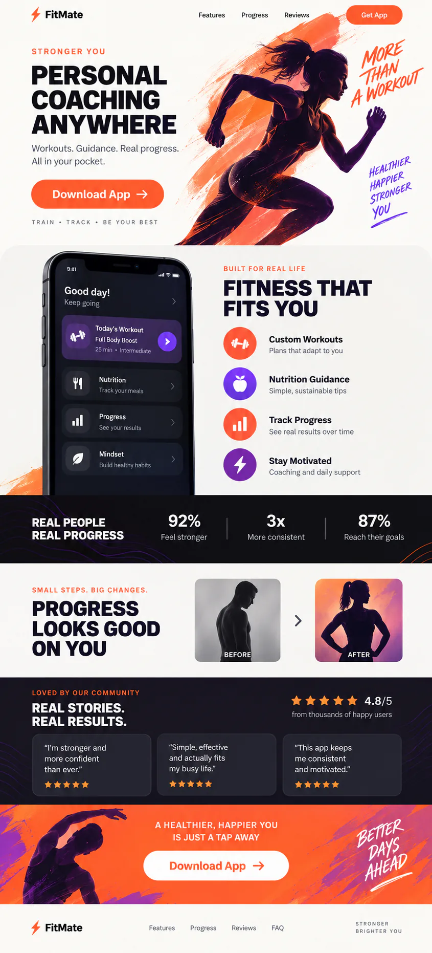 Mobile app landing page with feature highlights and download buttons