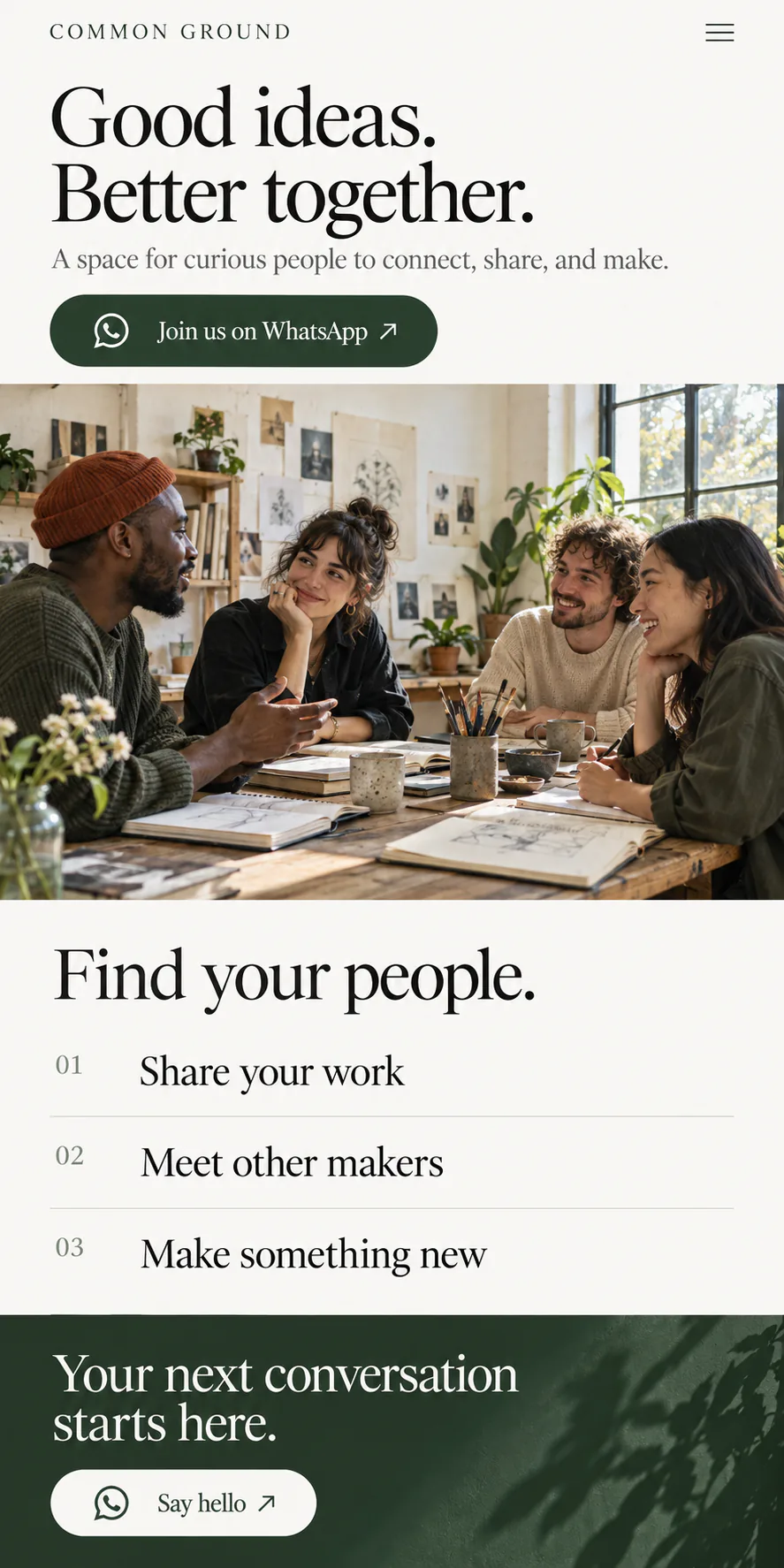 Mobile messaging landing page with community details and an add-contact action