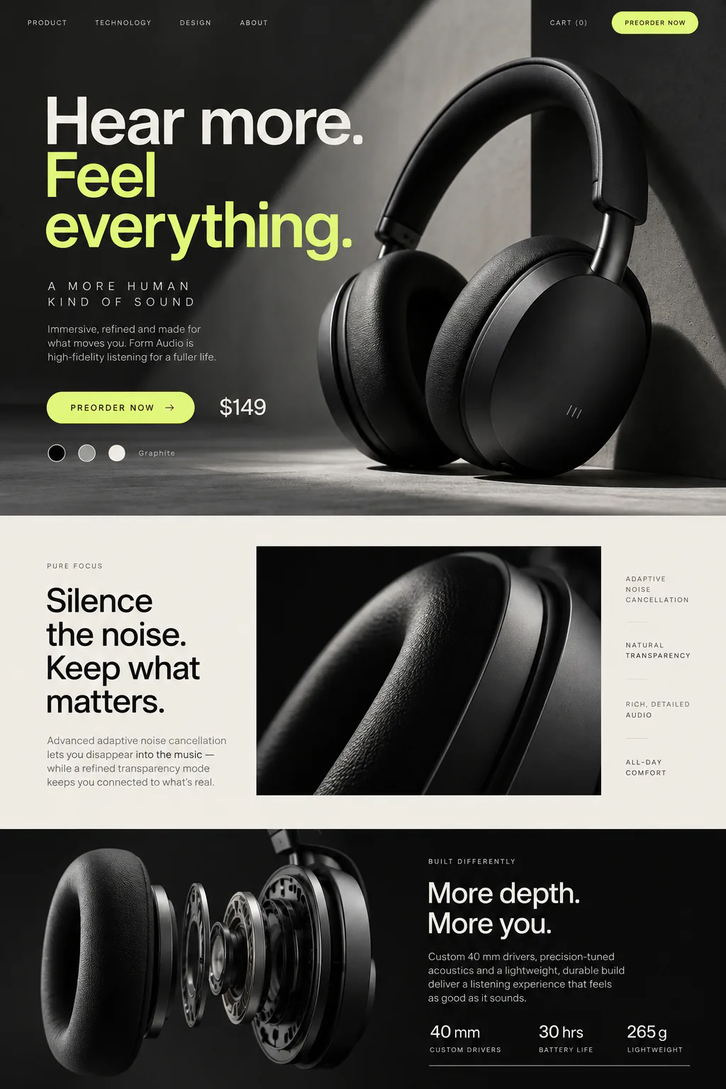 Headphone preorder page with product photography and specifications
