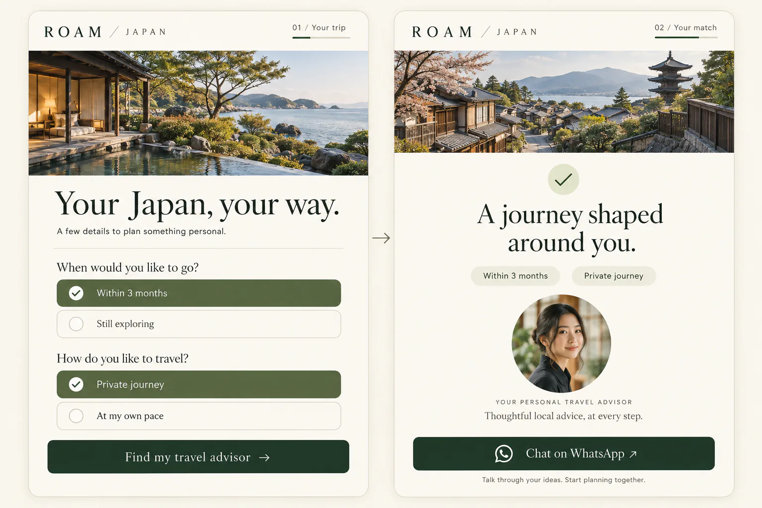 Travel landing page example: select travel dates and trip style, then open WhatsApp to contact an advisor after meeting the criteria.