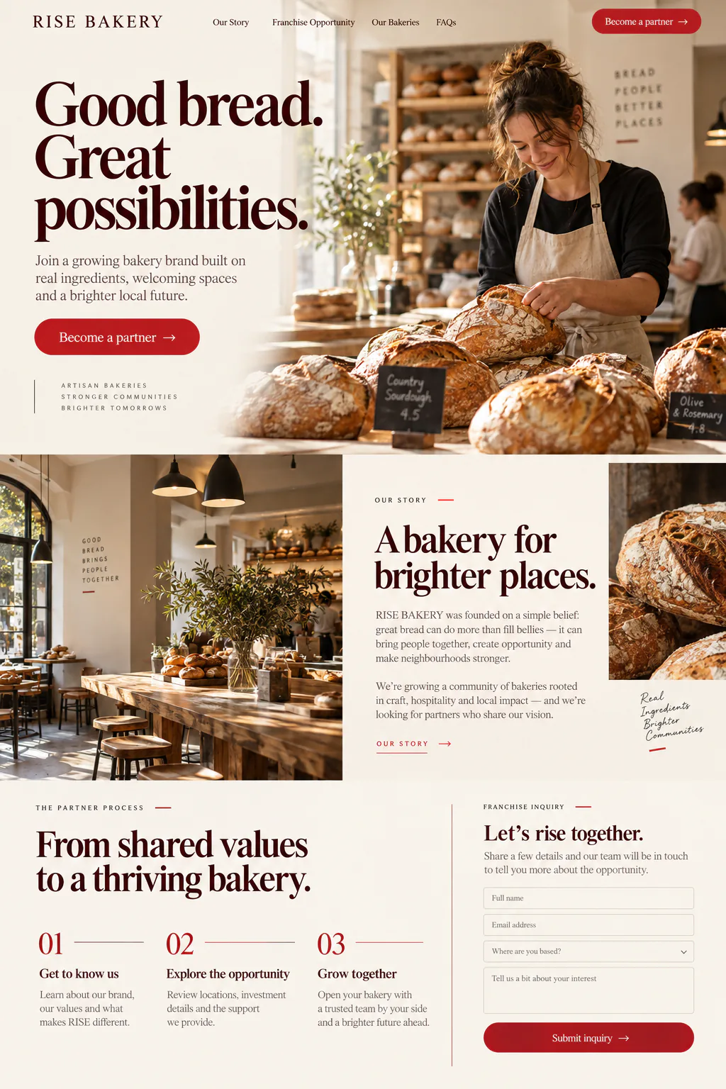Artisan bakery with brand story, partnership steps and enquiries