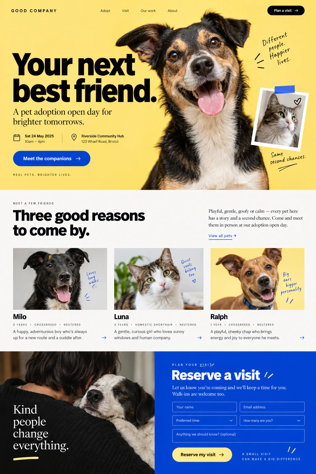 Pet adoption event with companion profiles and visit booking