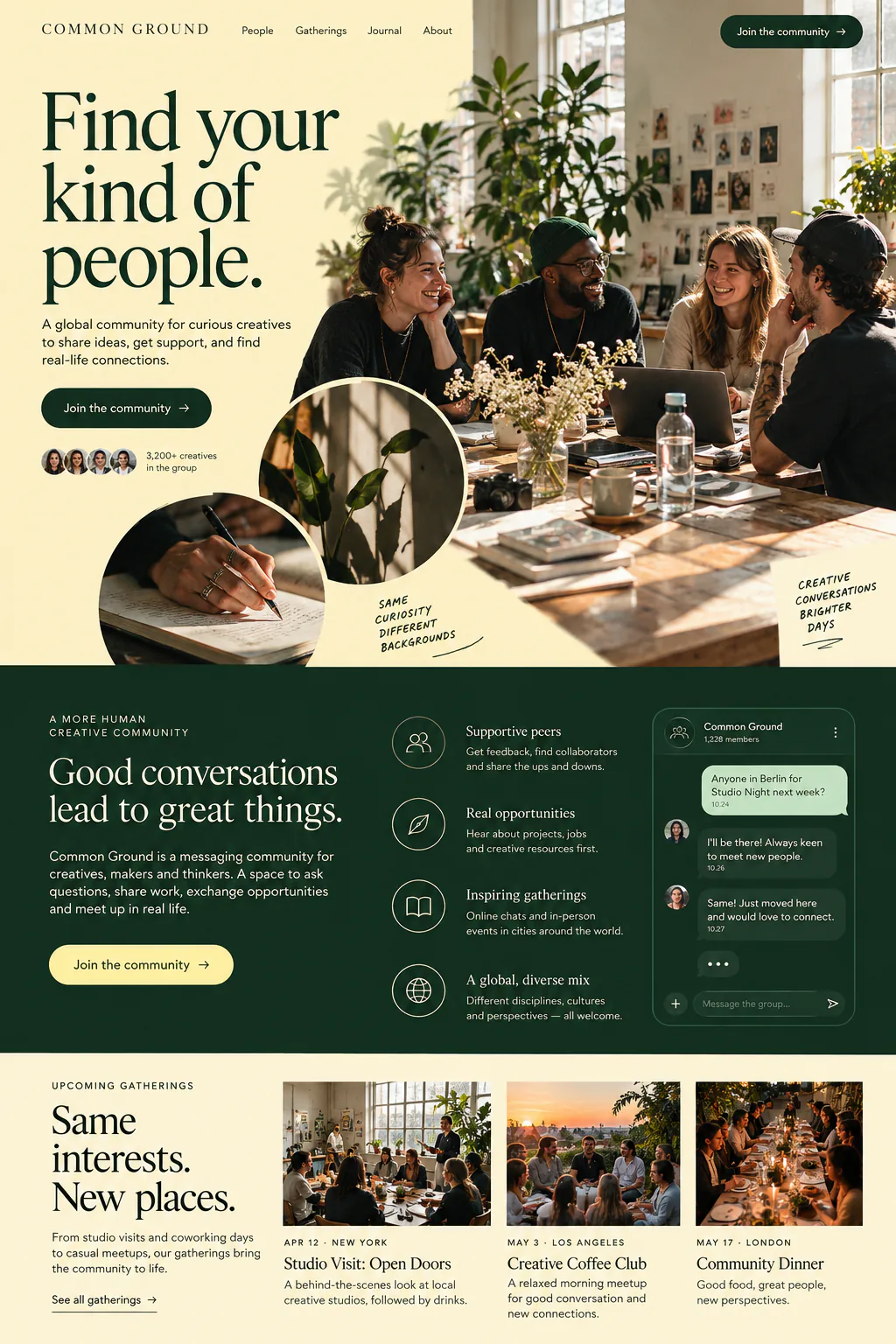 Creative community with gatherings, member benefits and a join action